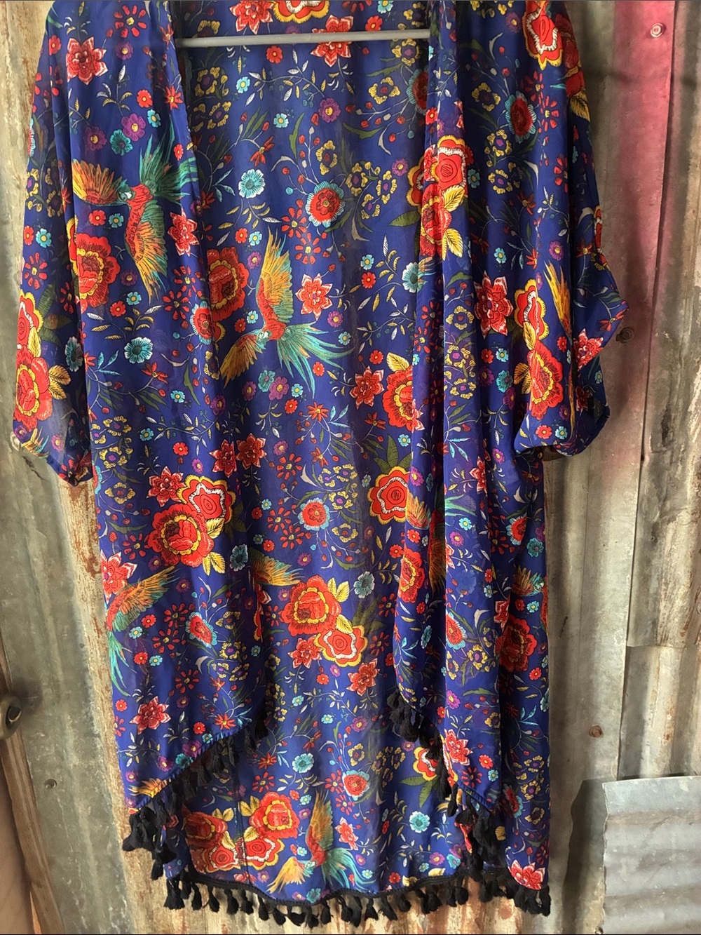 Sweet Rain Navy Floral & Bird Kimono Tunic with Black Tassels